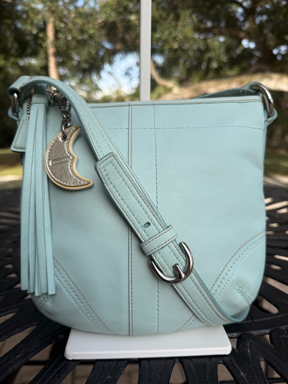 Coach Light Blue Leather Crossbody Bag with Moon Charm
